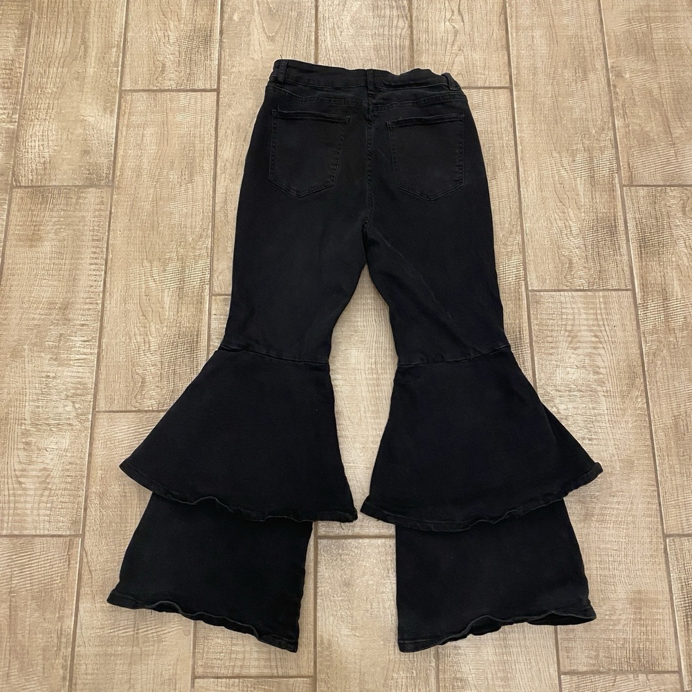 Shein Curve Jeans Women Black Denim 1XL Stretch Tiered Ruffle Flare Bell-bottoms - Picture 2 of 8